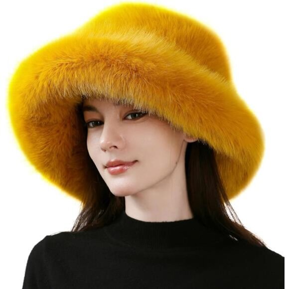 Accessories - Luxury Faux Fur Bucket Hat for Women Yellow